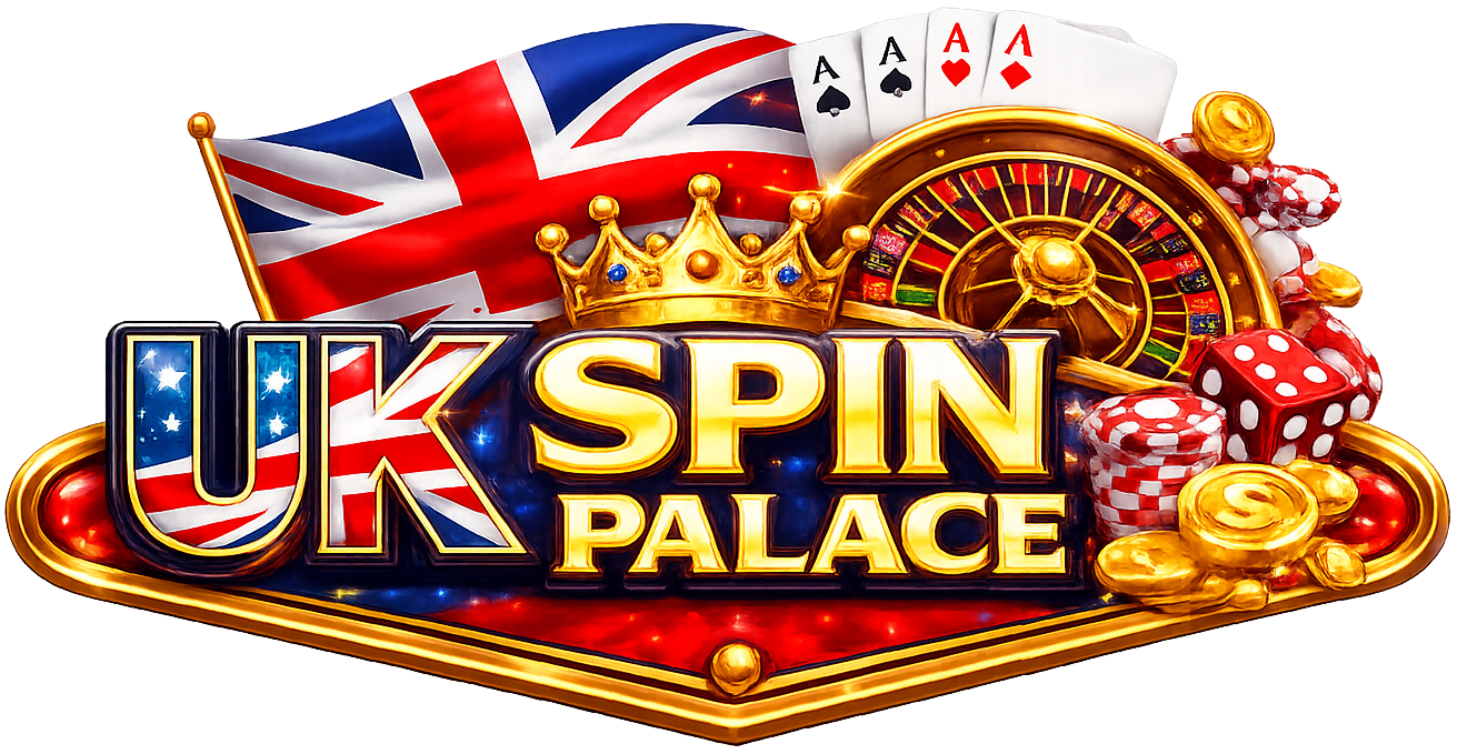 UK Spin Palace logo featuring a golden crown, Union Jack flag, and casino elements like roulette and cards.